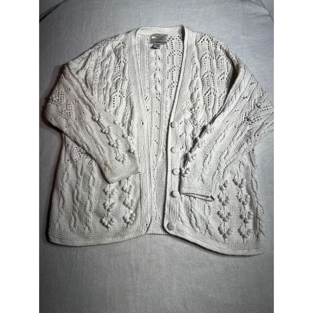 Vintage Express Handknitted Cable Knit Popcorn Cardigan Sweater Cream Large